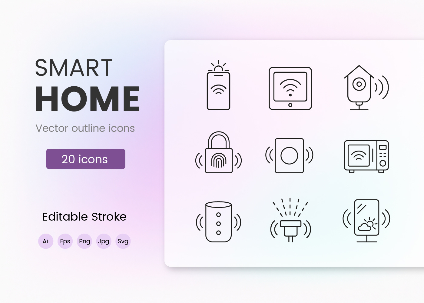 Smart Home Line Icons – 20 Outline Symbols for UI & Automation automation black branding camera design editable stroke graphic design home icon icons illustration light lock outline security smart system thermostat ui