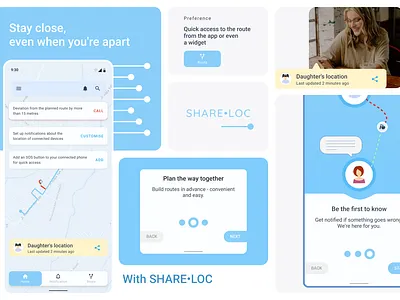 SHARE•LOC - Mobile App (Onboarding, Main page) app child tracking location mobile route planning ui ux