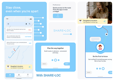 SHARE•LOC - Mobile App (Onboarding, Main page) app child tracking location mobile route planning ui ux