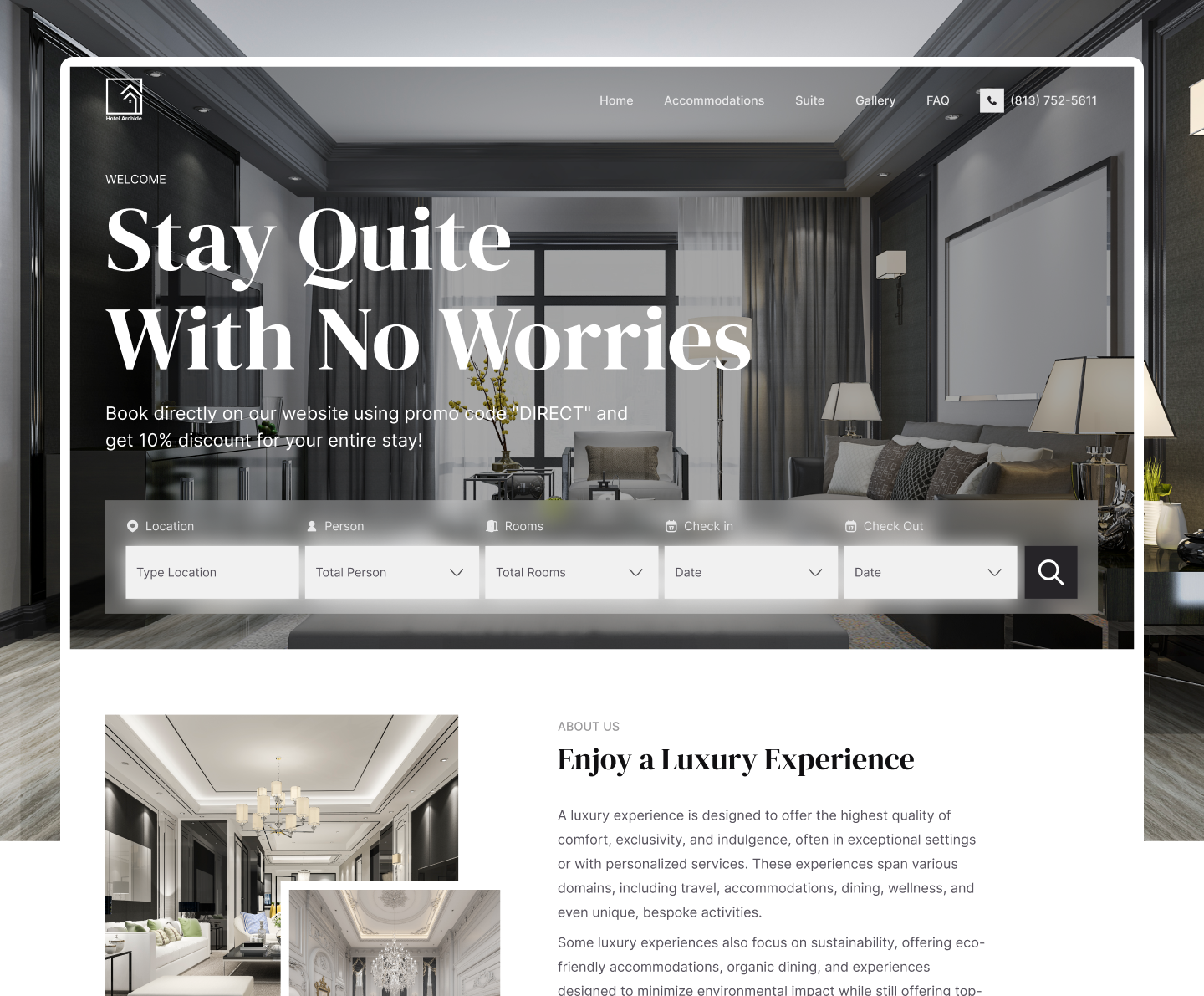 Hotel Archide - Hotel Booking Landing Page booking design hotel hotel booking illustration landing page logo saas section ui uiux vector webdesign website