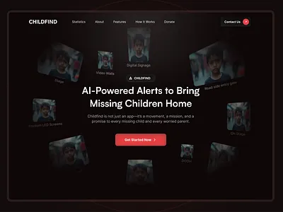 Childfind — AI-Powered Alerts to Reunite Missing Children 👶 ai artificial intelligence childen darkmood herosection ui ux website website design