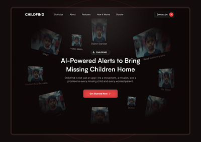 Childfind — AI-Powered Alerts to Reunite Missing Children 👶 ai artificial intelligence childen darkmood herosection ui ux website website design
