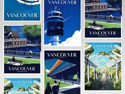 Vancouver Post Card Illustrations adobe agency airport artist bc blue british columbia canada design digital art graphic design illustrated illustration illustrator park post card rowing club tourism vancouver yvr