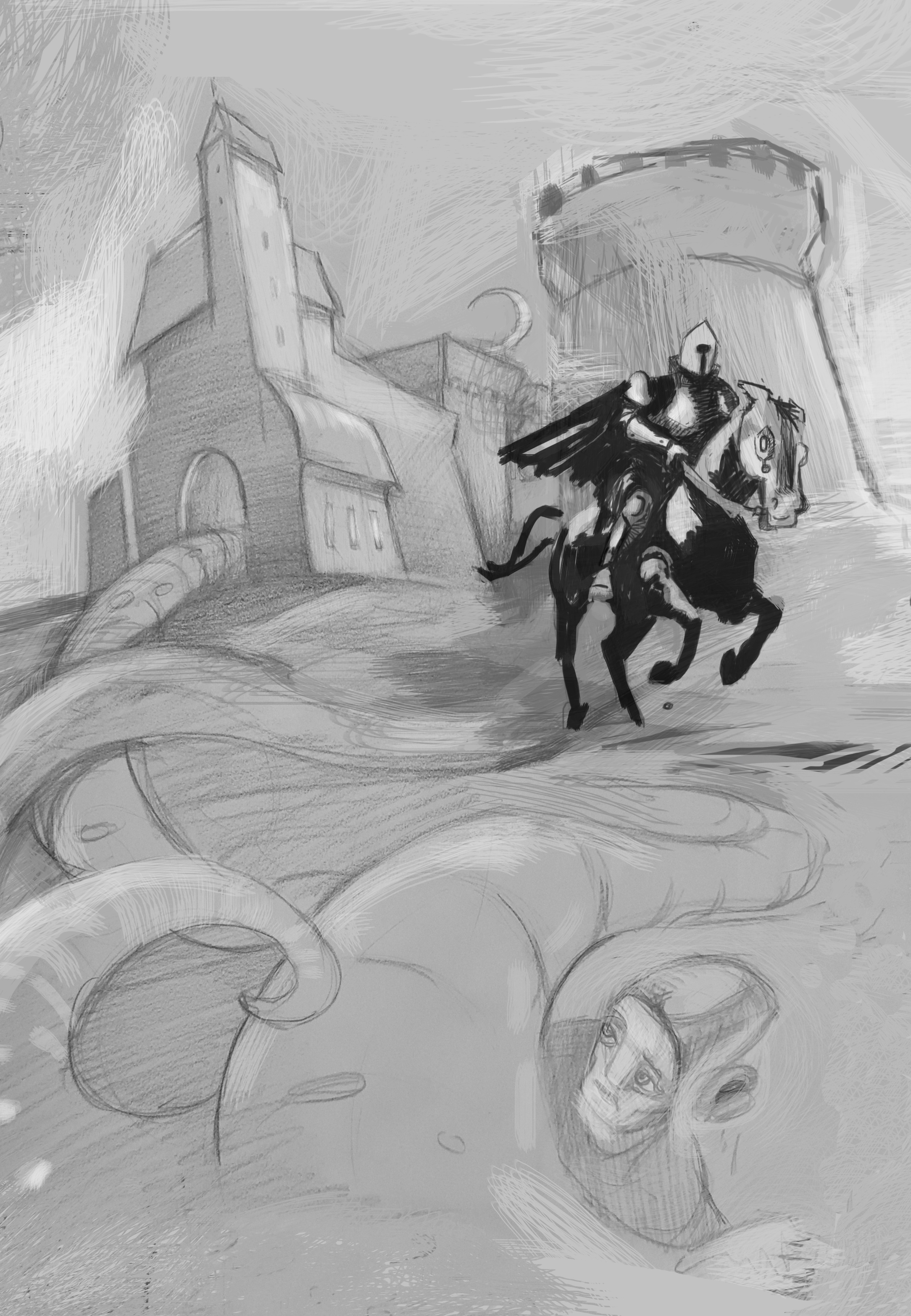 Black knight black and white black knight fantasy sketch made by human surreal traditionaledigital