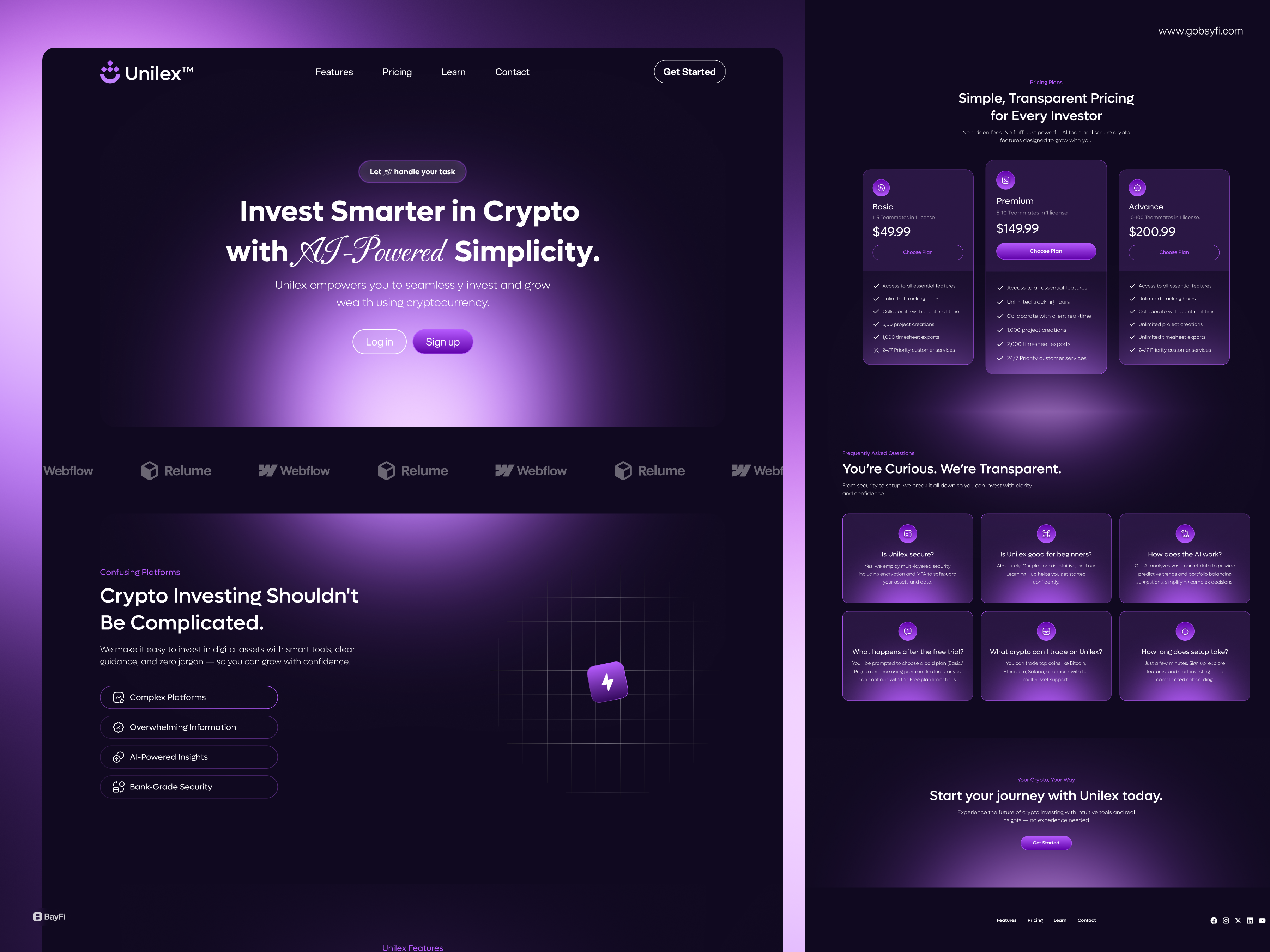 Unilex Landing Page ai web design blockchain design clean ui design crypto landing page crypto ui dark mode ui dashboard interface finance app design fintech website design homepage layout investment platform ui landing page design minimalist website modern web ui purple color palette responsive website design saas web design ux for fintech webflow landing page