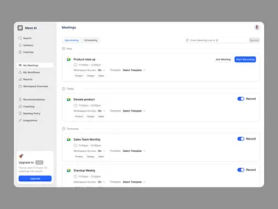 AI Meeting Platform ai ai meeting calendar dashboard design note ai product design saas saas dashboard ui ui design webapp