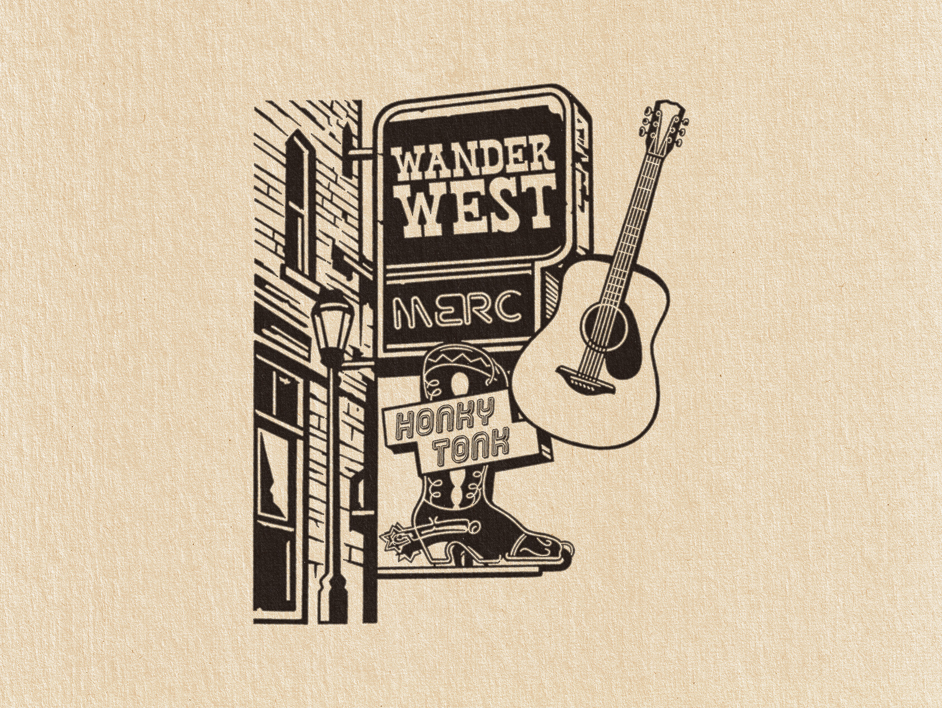 Wander West Mercantile Illustration bar cowboy craft beer graphic design honky tonk illustration illustrator merch neon neon sign stirrup type typography vintage western