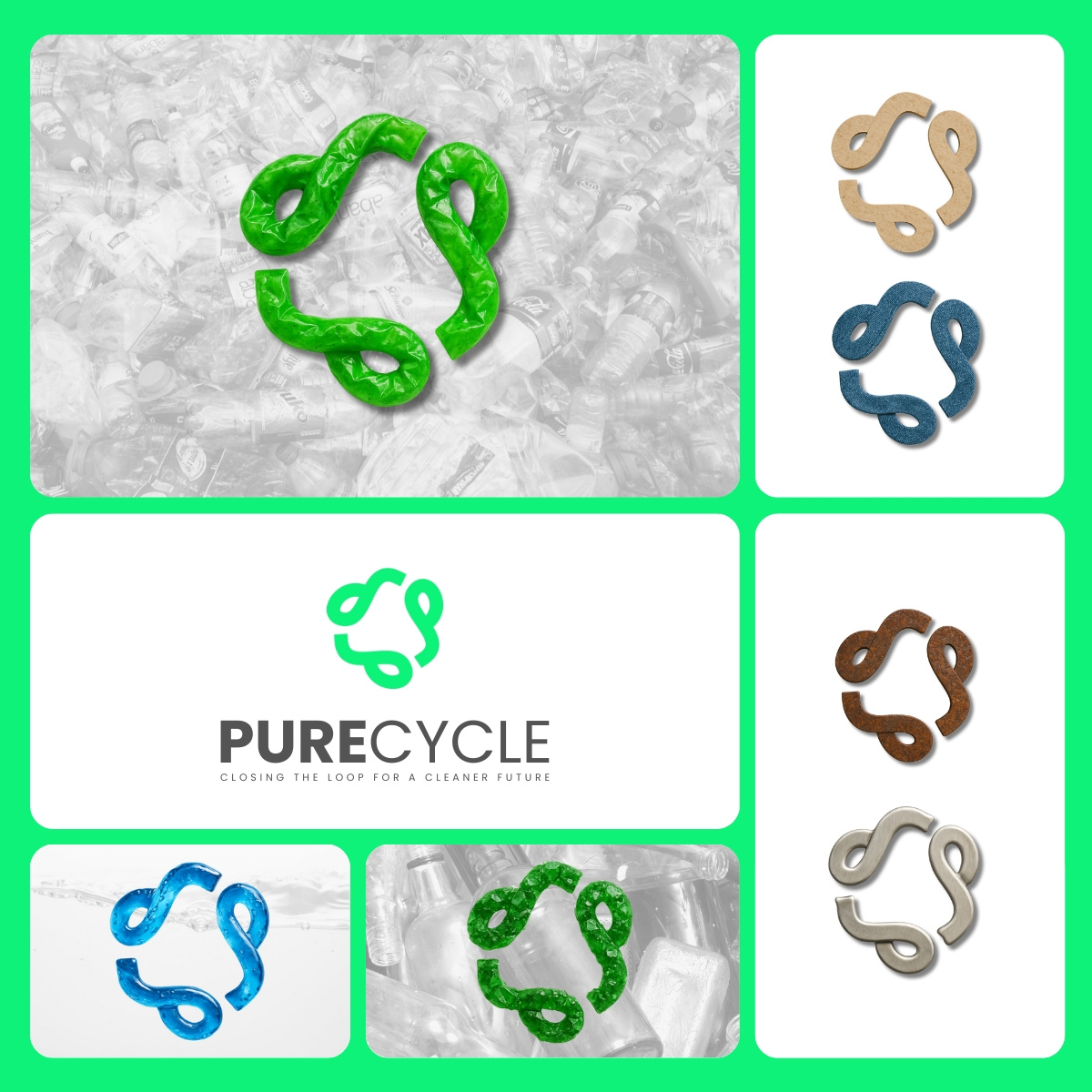 ♻️PureCycle | Recycling Company Brand Identity Design aluminum recycling branding cloth recycling eco eco friendly graphic design hand drawn handcrafted handmdade iron recycling lettermark minimal modern paper recycling plastic recycling recycling sustainable symbolic water recycle wood recycling