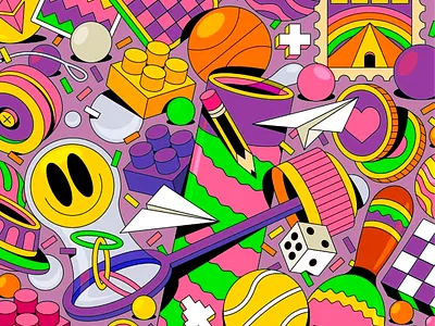 Illustration - Playful Chaos in Neon World abstract fun cartoon world colorful illustration comic texture digital chaos doodle madness fantasy concept fantasy mix graphic explosion icon overload joy aesthetics neon palette nostalgic vibe playful design pop energy retro style surreal art toy elements vibrant shapes