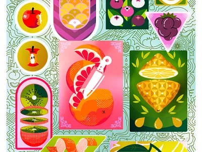 Fruity 1 apple blueberry cherries citrus doodle fruit gay graphic design illustration juice knife lemon pattern peel poster sketch stickers vintage wallpaper watermelon