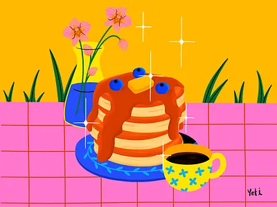 🥞Hot cakes | Spot Illustration✨ coffee colorful daffodils digital illustration digital illustrator digitalart editorial illustration flowers food illustration graphic design hot cakes illustration illustrator spot illustration