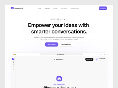 Novamind AI - Hero Section Design ai app app design chat clean design hero section landing page minimalist simple ui ux web app web design