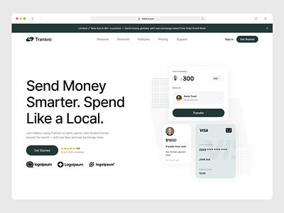 Transvo - Digital Finance Hero Section clean design finance hero section landing page minimalist money payment saas simple ui ux