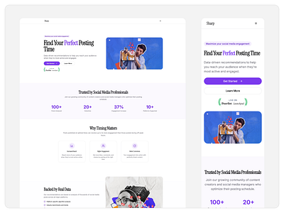 Sharp - Find Your Perfect Posting Time Landing Page Light Mode design engagement growth landing page light mode perfect time purple responsive design social media social media post ui ux