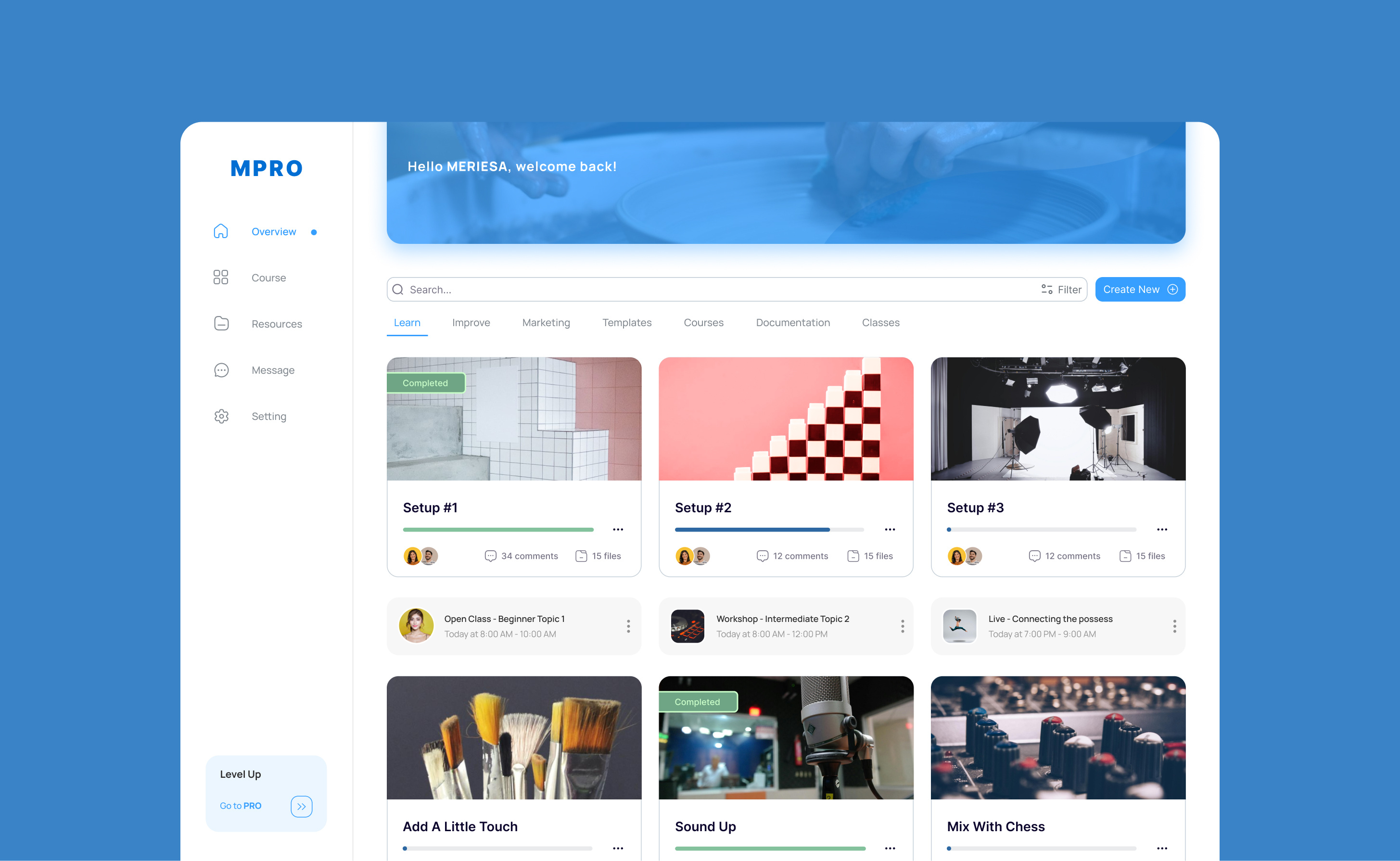 Learning Hub classes creator dashboard ui