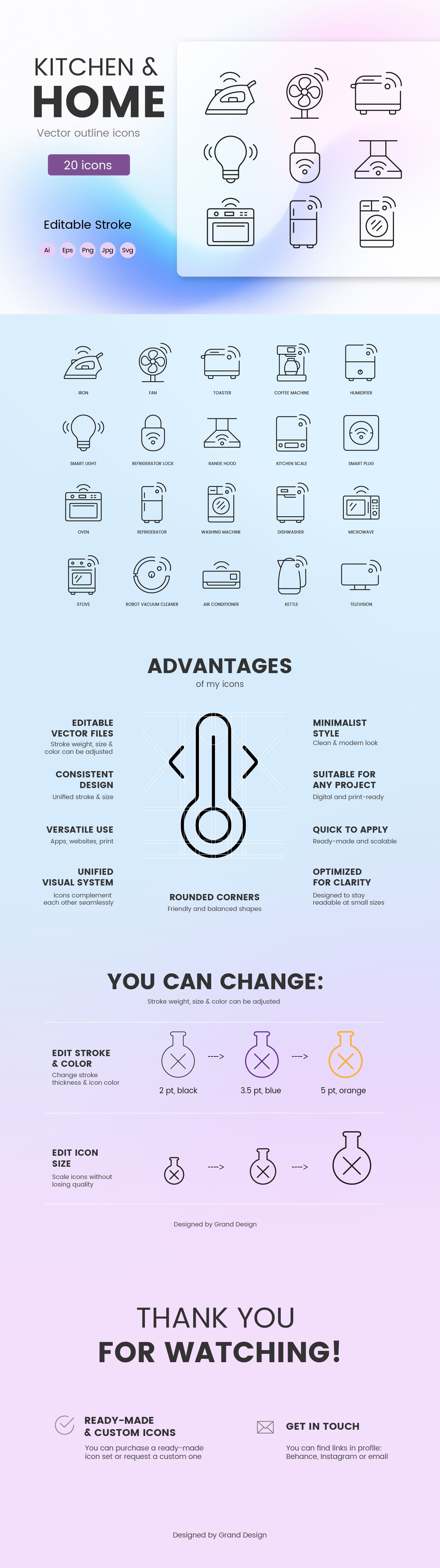 Kitchen & Home Smart Icons – 20 Clean Line Icons design editable stroke fan fridge home hood icons iron kettle kitchen light line oven plug scale smart stove ui vacuum washer