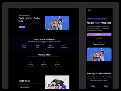 Sharp - Find Your Perfect Posting Time Landing Page Dark Mode dark mode design engagement landing page posting reach responsive design social media tool ui ux
