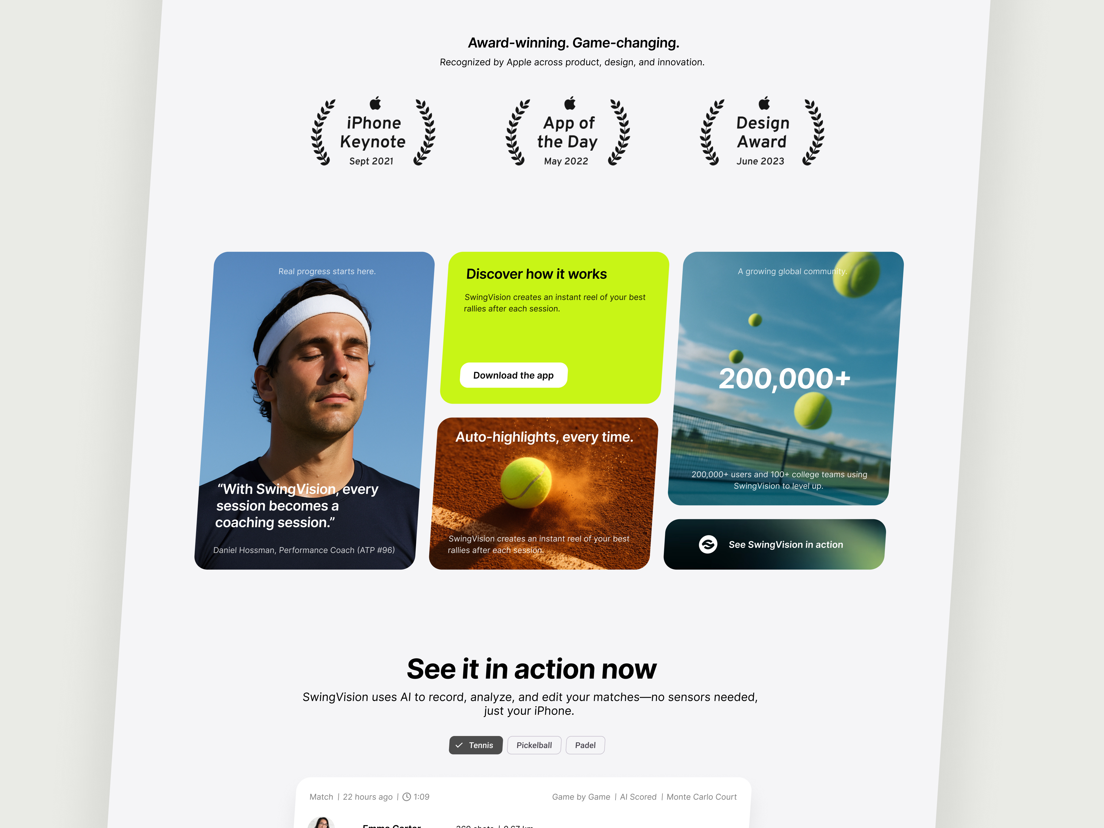 SwingVision – Bento UI Section Spotlight bento branding homepage landing pickleball redesign swingvision tennis ui