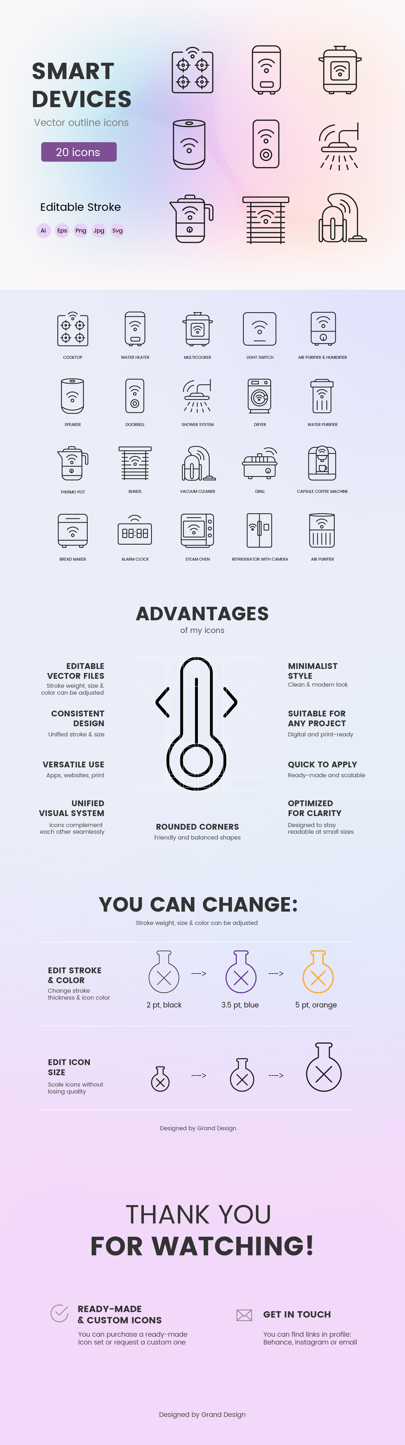 Smart Devices Line Icons – 20 Modern Home Symbols alarm blinds coffee control cooktop devices doorbell dryer fridge grill heater home humidifier icons line oven shower smart speaker vacuum