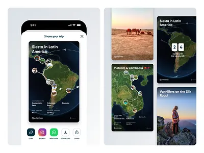 Trip social sharing app design cards countdown map route share sharing social travel ui ux