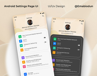 Android Settings Page – Light & Dark Mode UI android ui design figma mobile mobile app moblile app settings ui ui uiux design