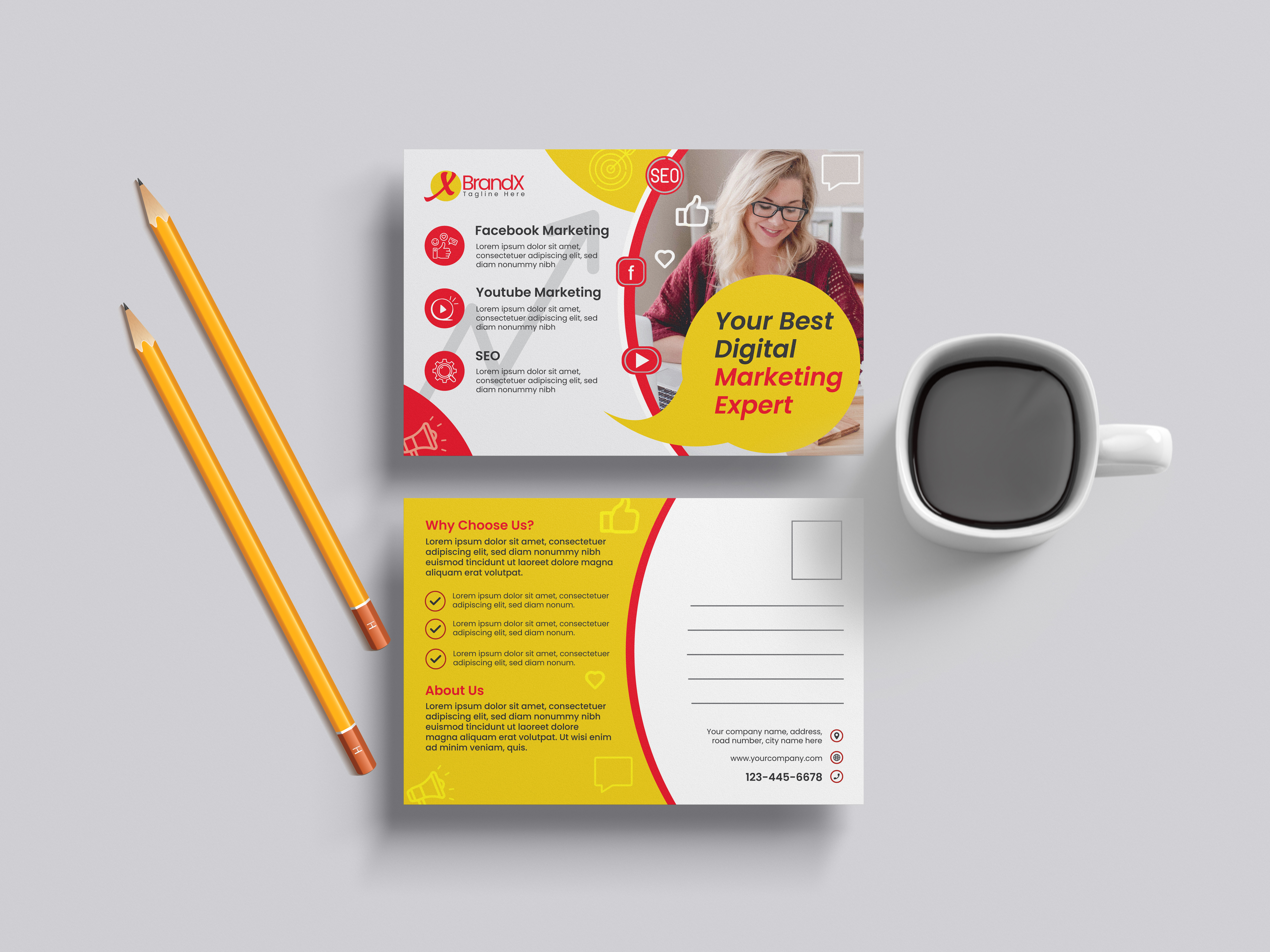 Corporate Postcard Design business card cards corporate corporate postcard design design idea digital marketing digital marketing postcard marketing modern modern postcard postcard postcard design idea postcard mockup red red postcard standard standard size postcard yellow yellow postcard