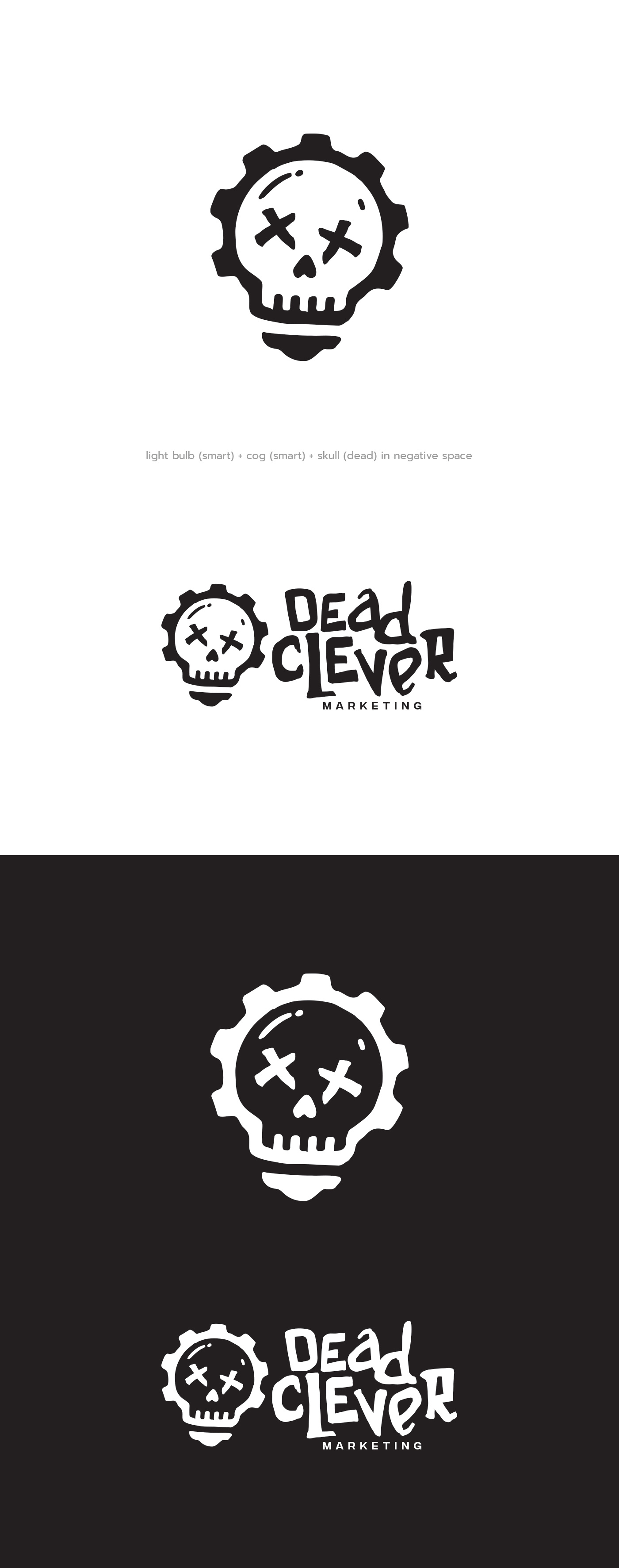 Dead Clever cog dead idea light bulb negative space skull smart