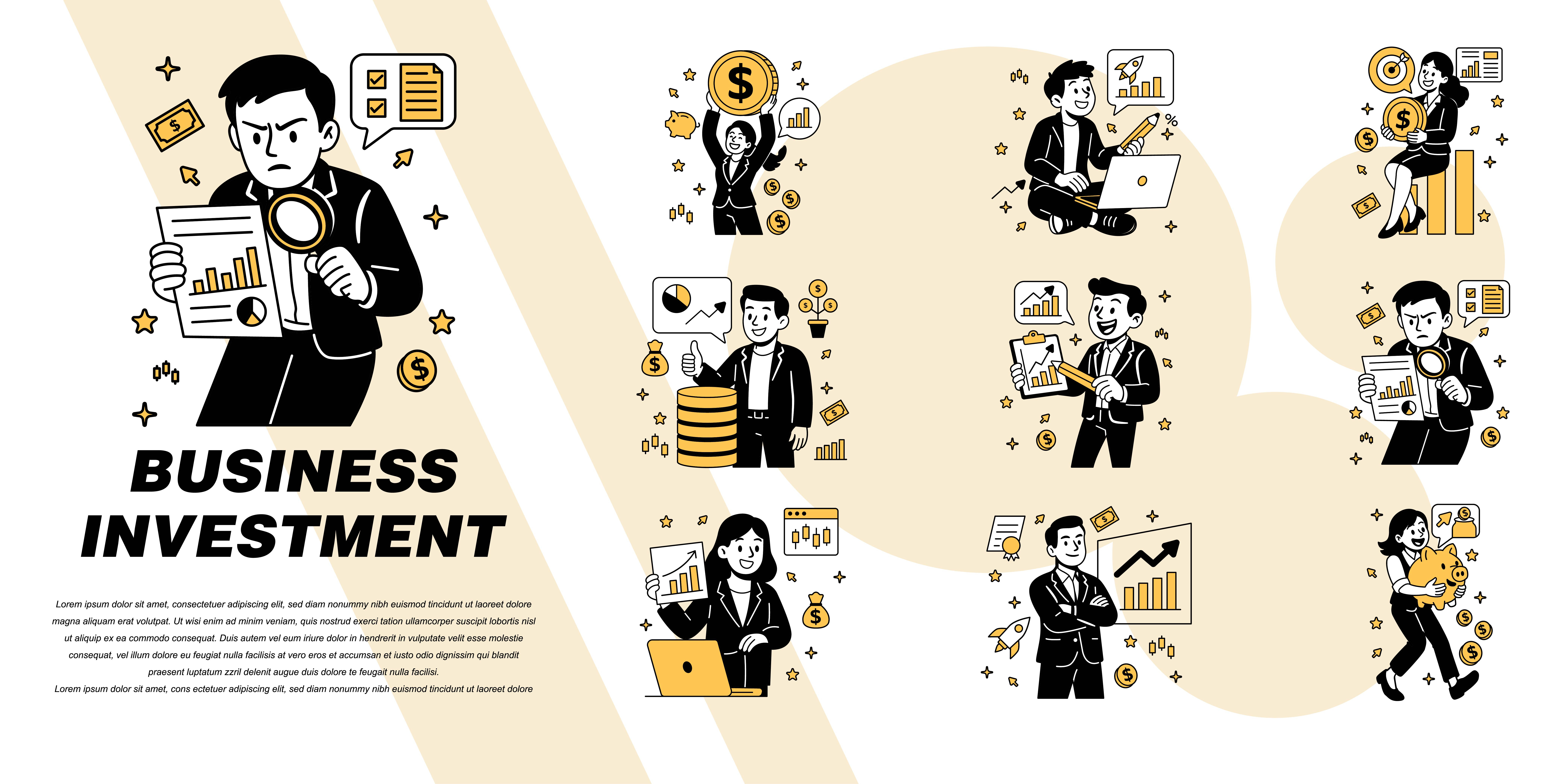 showing various characters in financial activities like analysis earning
