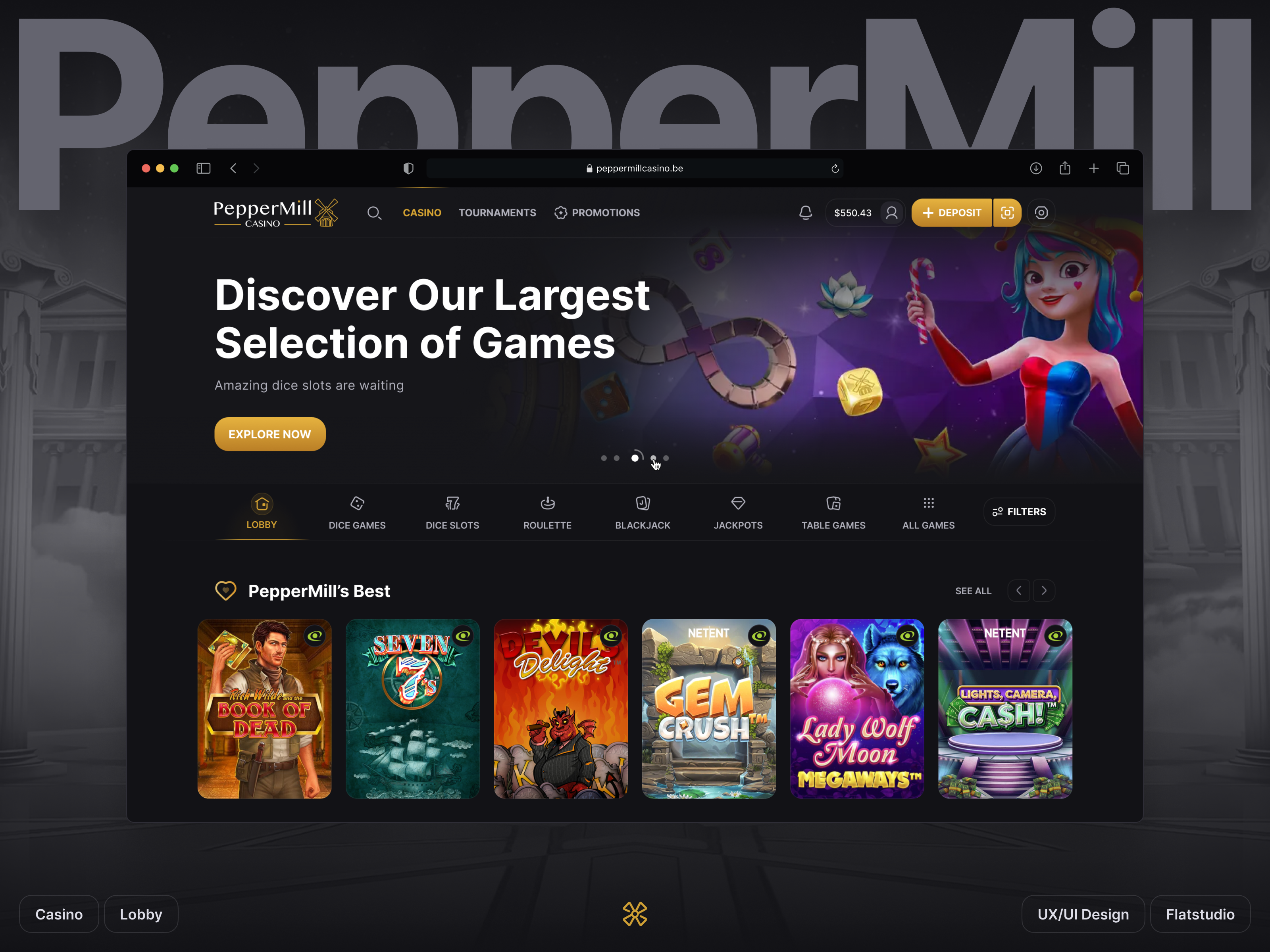 PepperMill: Lobby casino casino games dark design desktop filters gambling igaming interface lobby mobile online casino peppermill slot slot game slots ui ux web website