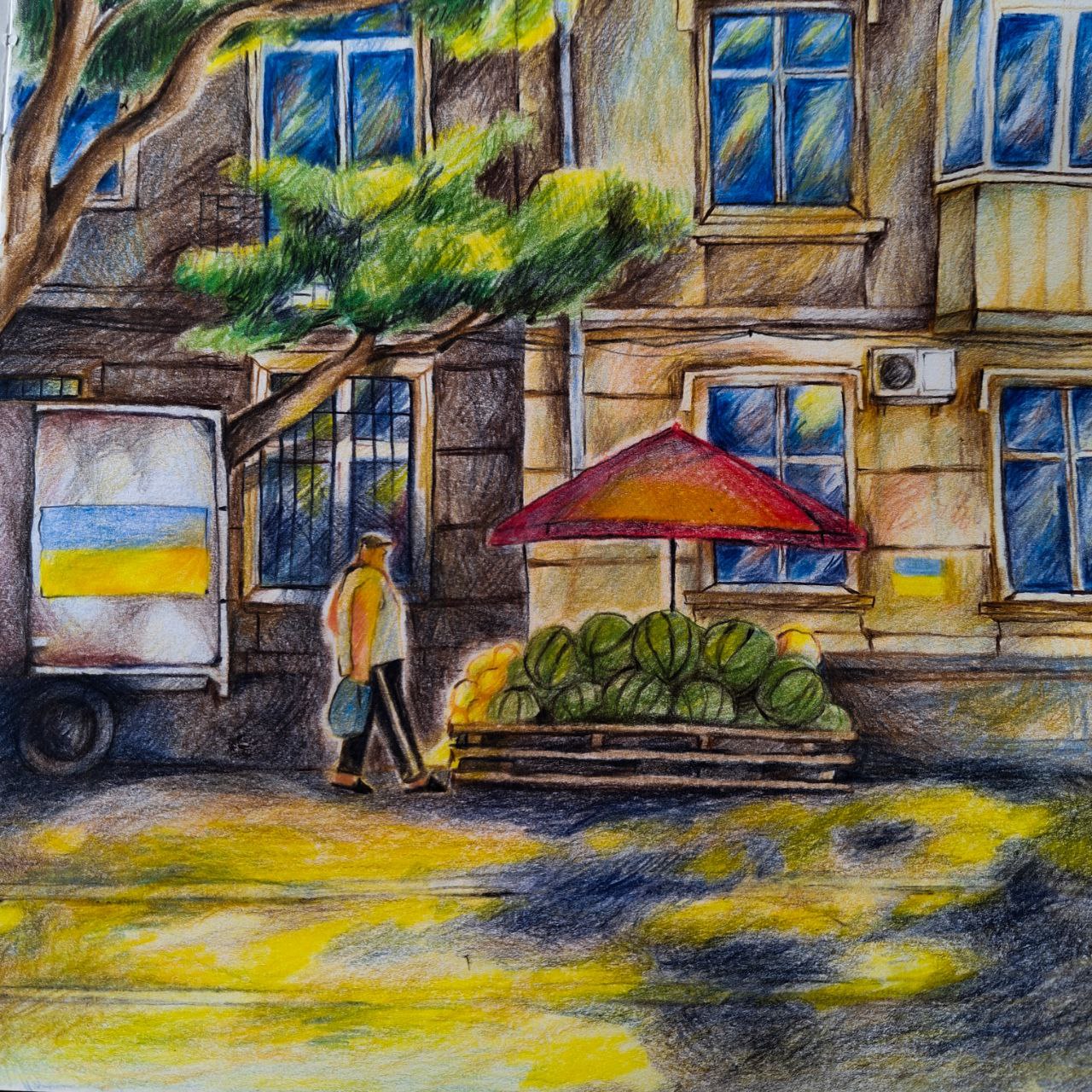 Odesa character city color pencil cozy faber castle facade illustration market odesa retro seller shadow sketch sketchbook street style summer sun ukraine