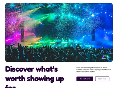 Eventra – Modern UI Concept for Ticketing Platform clean design design inspiration event event platform event ticketing app landing page landing page inspiration minimalistic design product design ticket booking ui ui uiux design