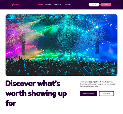 Eventra – Modern UI Concept for Ticketing Platform clean design design inspiration event event platform event ticketing app landing page landing page inspiration minimalistic design product design ticket booking ui ui uiux design