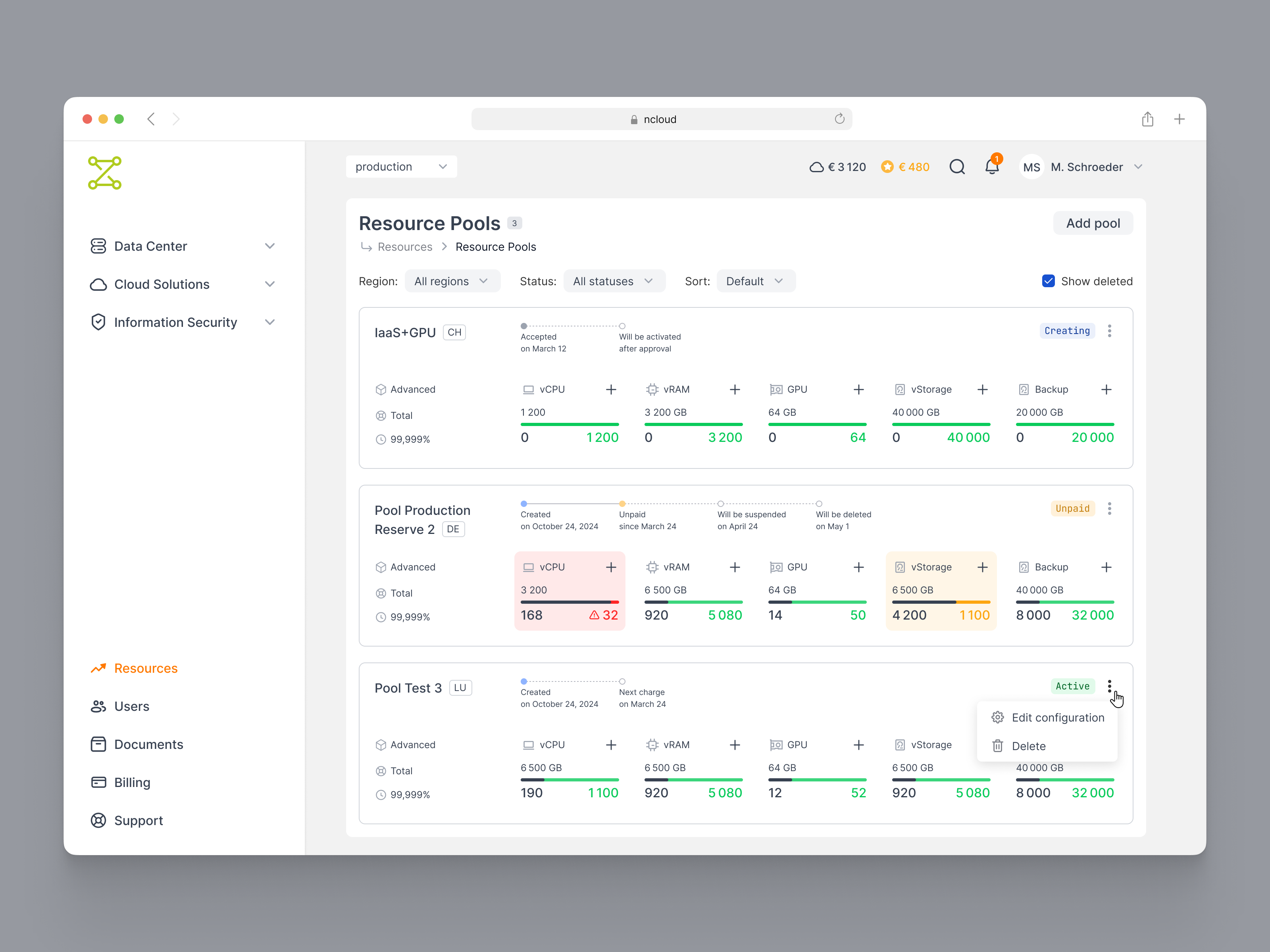 Cloud Infrastructure Admin Panel admin admin panel administration b2b calculator cloud cloud hosting configurator dashboard datacenter hosting resources saas ui