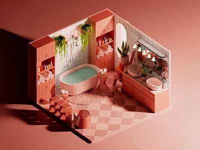 Pink Bathroom Retreat 3d 3d art 3d art work 3d bath 3d bathroom 3d illustration 3d visual abstract bath bathroom bathroom interior cozy cozy interior design digital art graphic design modern modern bathroom plants warm colors