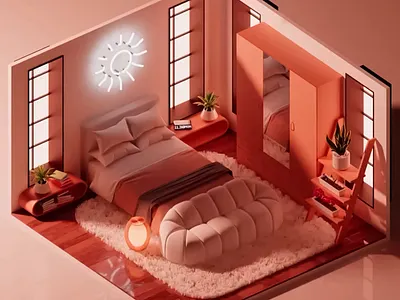 Cozy Coral Bedroom - 3D Interior 3d 3d art 3d art work 3d bed 3d bedroom 3d design 3d interior abstract art bed bedroom design bedroom interior creative design graphic design lights modern modern bedroom peach coloured soft colours warm colours