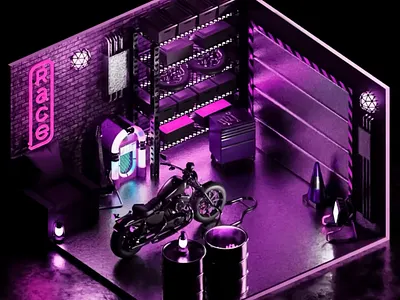 3D Design - Neon Rider's Garage 3d 3d abstract 3d art 3d design 3d garage 3d illustration 3d rendering 3d visual creative garage graphic design jukebox modern motion graphics motorcycle neon purple purple design race