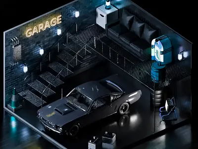 Neon-Lit Auto Enthusiast's Garage 3d 3d abstract art 3d art 3d car 3d design 3d garage 3d visual abstract art black black car car creative dark tone garage garage design graphic design isometric modern modern design stairs