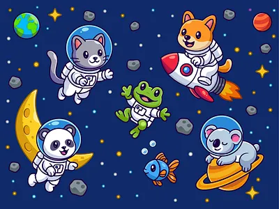 Animal Space Series🧑‍🚀🐨🐼🐱🚀🌜 astronaut branding cat character cute dog doodle fish flat frog icon illustration koala logo moon panda planet rocket space star