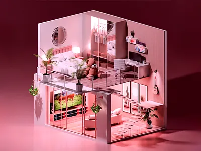 Two-Story Pink Dreamhouse 3d 3d art 3d art work 3d bed 3d bedroom 3d design 3d house 3d interior 3d living room 3d model abstract bedroom graphic design house interior interior design living room modern design modern interior plants two story house