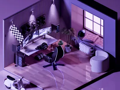 3D Design - Isometric Gamer's Paradise 3d 3d animation 3d art 3d art work 3d design 3d game zone 3d model 3d render 3d visual computers4flag creative flag game zone gamers room lights modern design plant play zone purple room interior