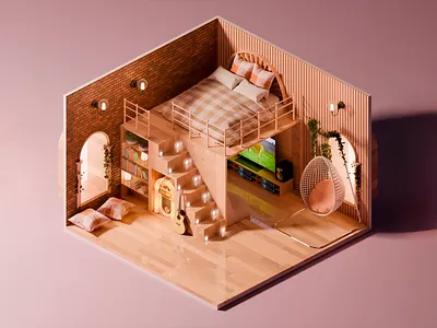 Cozy Multi-Level Loft Bedroom 3d 3d art 3d art work 3d bed 3d bedroom 3d design 3d illustration 3d interior 3d tv 3d visual bed bedroom design cozy bedroom cozyy interior creative cushions interior design multi level tv warm colors