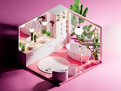 Moody Mauve Bathroom Retreat 3d 3d art 3d bath 3d bathroom 3d design 3d interior 3d interior design 3d rendering 3d visual bathroom interior bathroom interior 3d floral elements interior design lamps light colors luxurious bathroom modern bathroom pink gradient plants shelves
