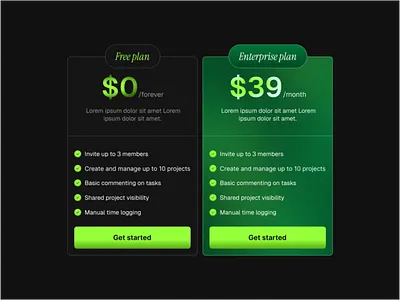 Pricing cards dark theme UI branding dark theme depth design design gradients pricing pricing design saas saas website ui ui design uiux design ux design web design web inspiration