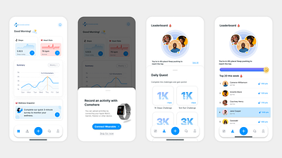 Comehere - Company Healthcare Mobile App blue application branding clean ui daily challenge fitness app gamification health tracker applicatioin leaderboard light mode mobile app modern modern application step tracker ui design uiux uiux mobile design ux design wearable integration wellness tracking