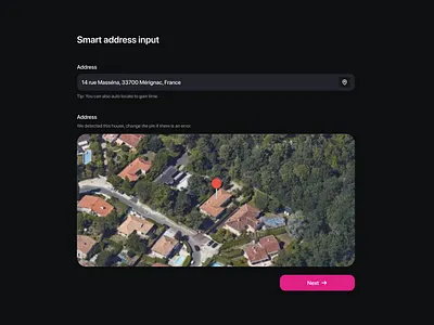 Address input app branding colors dark dark mode design form icon illustration location logo map pink product design sidebar smart step ui ux wizard
