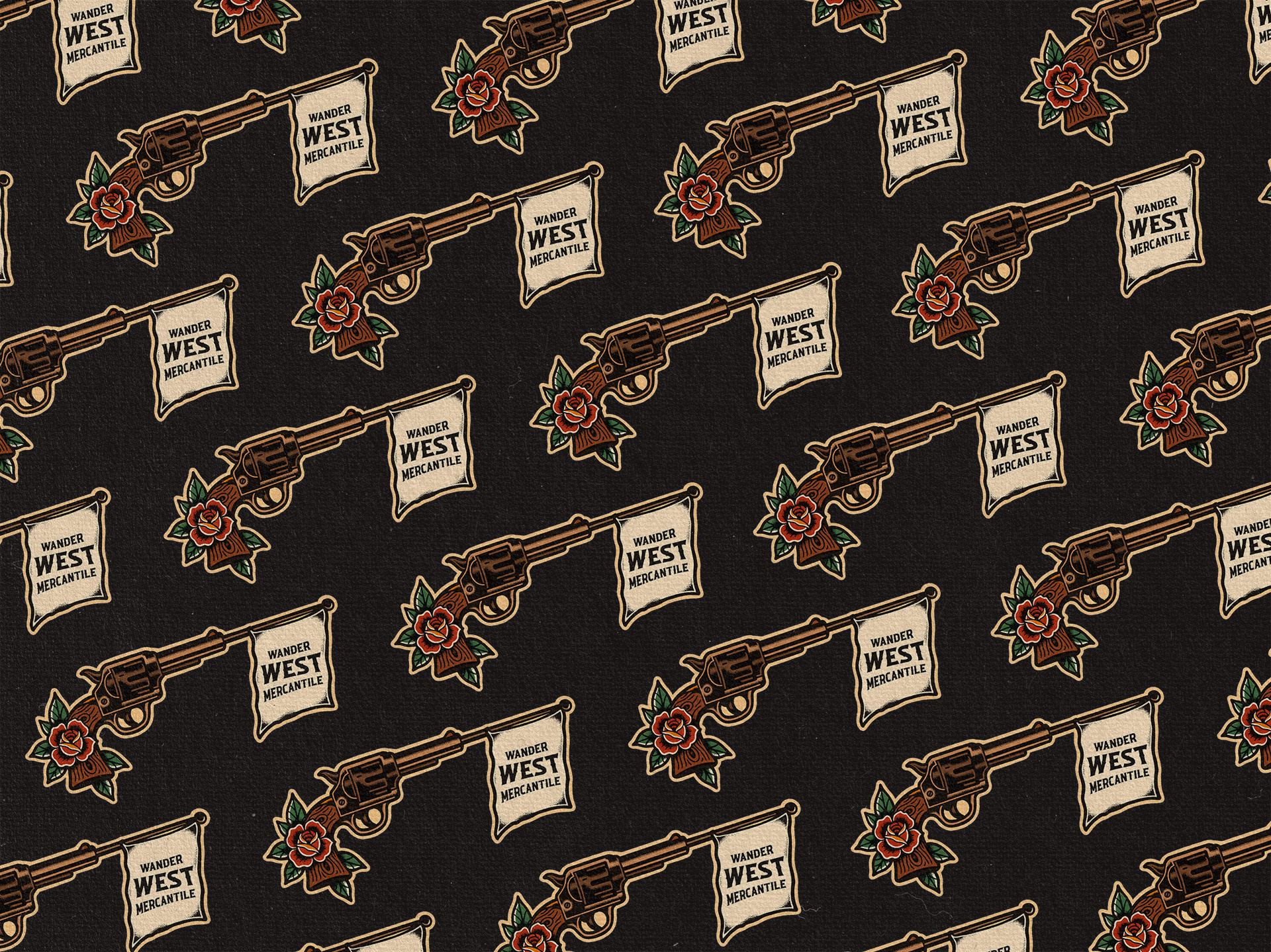 Wander West Mercantile Illustration brand design brand identity branding branding design cowboy gun hand drawn illustration logo logo design old school tattoo pattern rose traditional vintage wander west