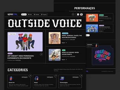 NOISECTRL – Underground Culture Platform (Dark Mode) 3d art branding bruthal graffity graphic design logo street ui ux website