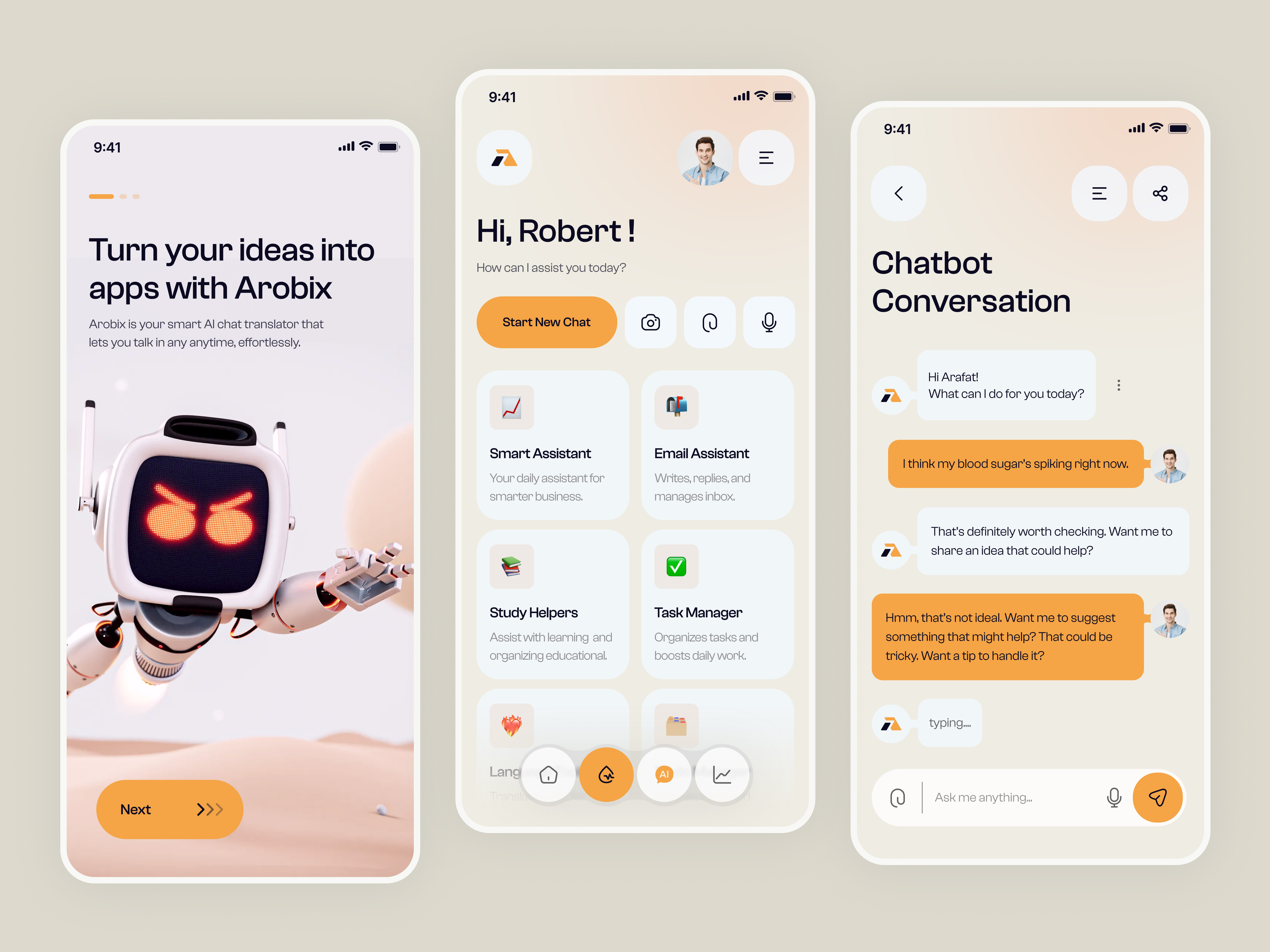 Arobix AI - Chatbot Mobile App Ui Design ai ai app design ai assistant ai chatbot app app ai app animation application assistant chat chatbot chatbot ai chatgpt midjourney minimal design mobile mobile app modern app ui ux
