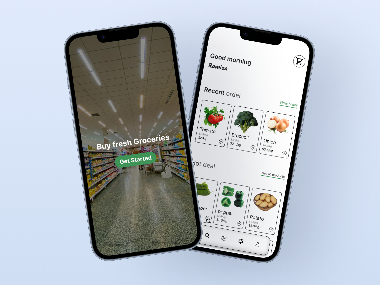 Grocery Shopping App UI Design app interface design app ui ecommerce app food delivery fresh food delivery app graphic design grocery app grocery delivery grocery store minimal ui mobile ui motion graphics online grocery online shop ui design product card shopping app ui ui design ux vegetable shop online