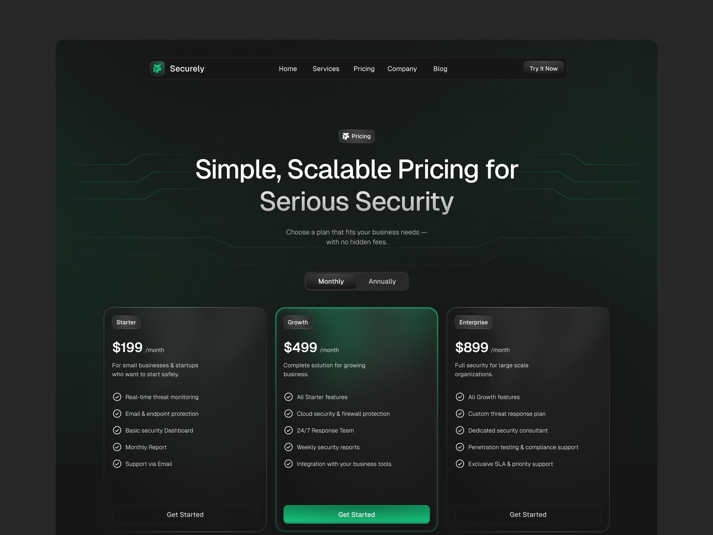 Pricing Page - Cyber Security Landing Page branding card clean design cyber cyber security dark mode dark ui landing page payment payment gateway pricing pricing page section security security website trend ui design ux ux design